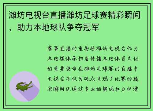 潍坊电视台直播潍坊足球赛精彩瞬间，助力本地球队争夺冠军