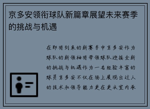京多安领衔球队新篇章展望未来赛季的挑战与机遇