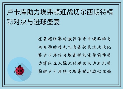 卢卡库助力埃弗顿迎战切尔西期待精彩对决与进球盛宴
